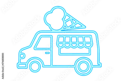 Neon blue ice cream truck outline vector, van silhouette with ice cream cone sign, street food vehicle icon, summer dessert cart illustration for app, web, design, adverts