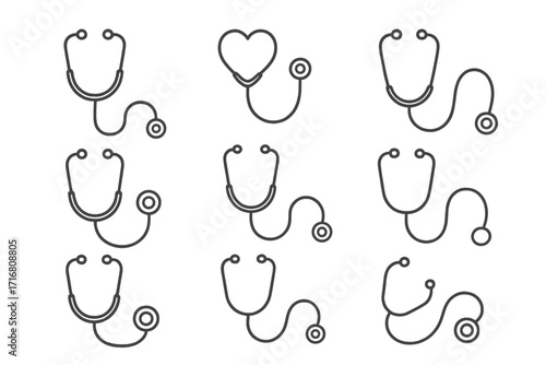 Stethoscope icon set. Medical and healthcare line art symbols for doctor, hospital, and clinic. Vector diagnostic tool illustration for cardiology and medicine. Editable stroke.