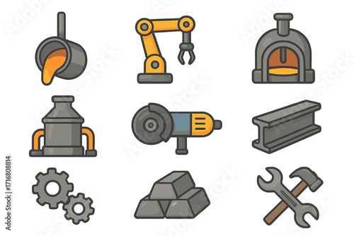 Metallurgy icon set for steel industry and heavy manufacturing. Vector symbols of foundry, furnace, molten metal, robotic arm, automation, factory production and engineering.