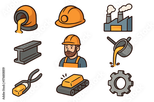 Metallurgy industry icon set. Vector cartoon illustration of steel production elements. Foundry and factory icons. Includes worker, molten metal, iron beam, and gear symbols.