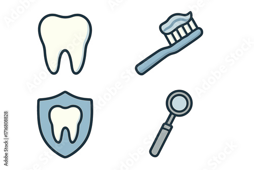 Dental care icon set. Oral hygiene vector collection. Tooth, toothbrush with paste, protection shield, and dentist mirror. Stomatology clinic graphic elements. Flat cartoon line illustration.