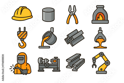 Metallurgy and steel industry vector icon set. Metalworking, foundry, and manufacturing process concepts. Includes welder, furnace, molten metal, robotic arm and crane hook.