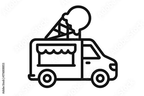 Ice cream truck vector icon with ice cream cone outline, cartoon style vehicle illustration for graphic design, web, apps, adverts, cards, and transparent background