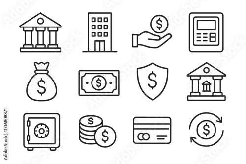 Finance money banking line icon set. Business investment symbols. Bank building, safe, credit card, payment, currency exchange, savings, dollar cash. Outline vector pictogram.