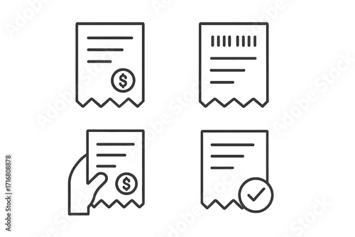 Store receipt outline icons. Bill, invoice, payment symbol set. Vector line art pictogram collection with editable stroke for web and apps. Purchase, transaction concept.