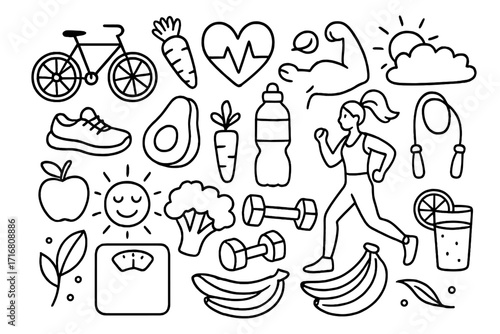 Healthy lifestyle doodle set. Hand drawn line art icons about fitness, sport, nutrition and diet. Vector cartoon illustration with running woman, food, and exercise elements.