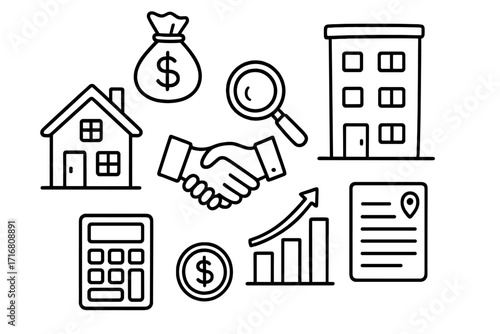 Real estate business icon set. Property investment, finance concept. Mortgage, house loan, handshake deal, money, calculator, growth chart. Search and analysis vector icons.