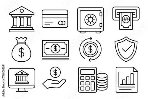 Finance banking line icon set. Vector business money symbols. Includes bank, credit card, safe, ATM, cash, dollar, transaction, security, savings, investment, report.