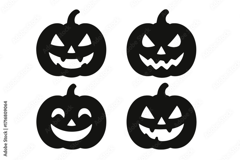 Fototapeta premium Halloween pumpkin icon set. Jack o lantern silhouette collection. Spooky, scary, evil and happy faces. Vector cartoon illustration of different emotions for holiday design.