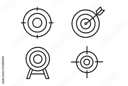 Target icon set for business goals and marketing strategy. Aiming concept for success and focus. Archery dartboard with arrow. Vector line art with editable stroke.