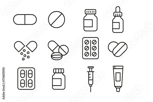 Medicine and pharmacy thin line icon set. Pills, capsules, medication bottles, and syringe vector icons. Healthcare and pharmaceutical drug symbols. Editable stroke for web and app design.