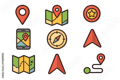 Location and navigation icon set. GPS map pointer, destination pin, route direction, and compass symbol. Vector graphic collection for travel and tourism apps. Geolocation.