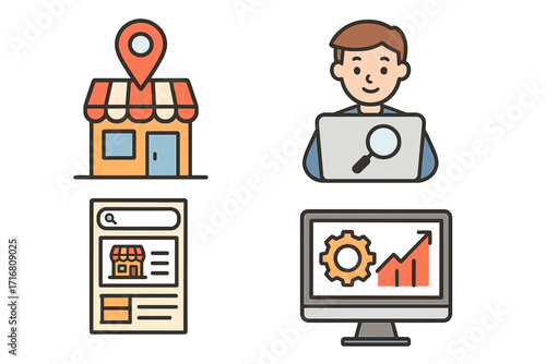Local SEO concept for small business. Search engine optimization icons. Digital marketing strategy. Store location pin, online search, analytics growth chart vector set.