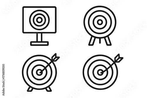 Target line icon set. Business goals, objectives, and success concept. Aiming and hitting target with arrow. Vector icons with editable stroke for UI, web, and apps.
