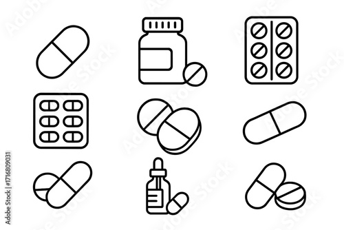 Pills and medication line icon set. Medicine, pharmacy, and healthcare concept. Vector outline icons of capsule, tablet, drug bottle, and blister pack for web and apps. Editable stroke.