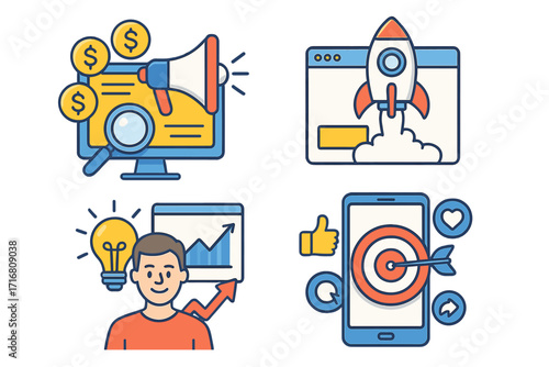 Digital marketing vector icon set. Business startup launch, social media targeting, SEO advertising, and analytics growth concepts. Cartoon illustrations for web and mobile.
