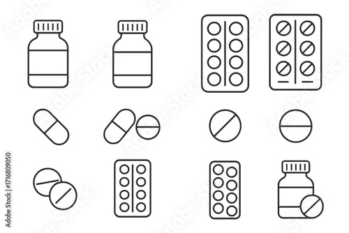 Pills and medication thin line icon set. Pharmacy, healthcare concept. Medicine bottle, tablet, capsule, blister pack symbols. Editable stroke vector drug illustration.