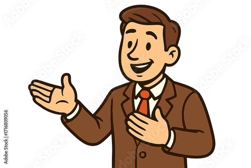 Cartoon businessman making a trust gesture. Honest man character with hand on chest making a promise. Sincere friendly professional presenting a product or idea. Welcome.