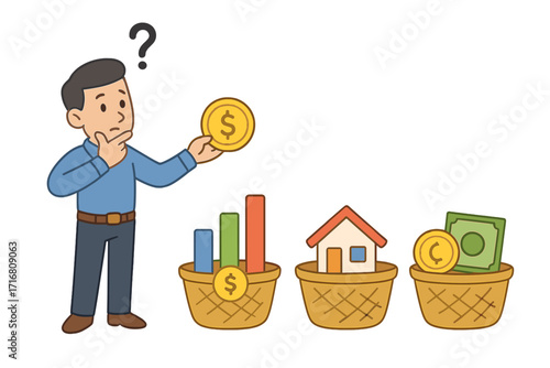 Asset allocation and diversification concept. Man deciding on an investment strategy. Financial planning putting money in baskets for stocks, real estate, and cash. Portfolio wealth.
