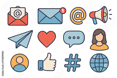 Social media marketing icon set for communication and networking. Vector cartoon illustration pack with essential symbols for web and app interface like email, message, and share.