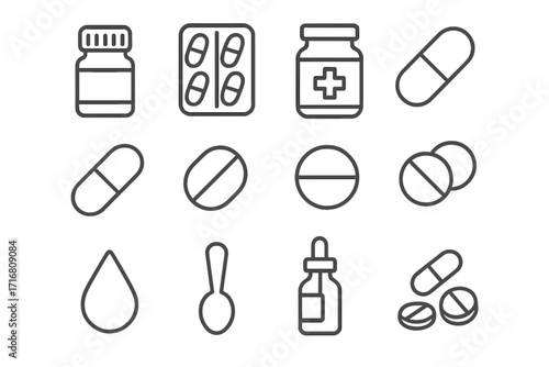 Medical pills and medication outline icon set. Pharmacy and healthcare concept. Simple linear icons of drugs, capsule, tablet, bottle, blister pack, drops, spoon, and dose.