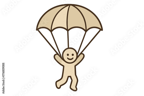 Vector cartoon of a paper man skydiving with a parachute. Happy character represents freedom, adventure, courage, and taking risks. Simple flat design illustration isolated.