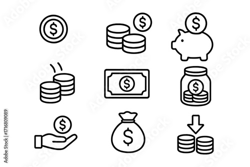 Money and finance thin line icon set. Business investment, banking and savings concept. Includes currency, dollar, cash, coin, banknote, piggy bank and deposit symbols.