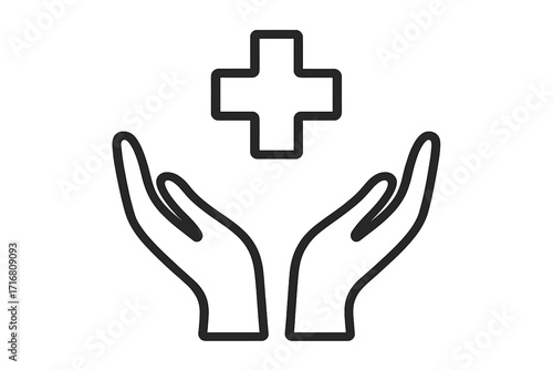 Medical cross over open hands outline icon. Health care, charity, donation, and support concept. Vector symbol for medicine, hospital, pharmacy, and health insurance.