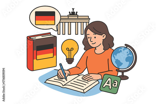 Learn German language concept. Female student studies with textbook and globe. Foreign language school, online course, education idea. Vector cartoon illustration for Germany.