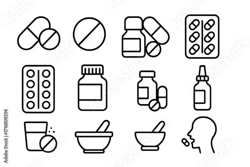 Pills and medication line icon set. Medicine and pharmacy symbols. Vector icons of tablet, capsule, bottle, blister pack. Healthcare concept for web and apps. Editable stroke.