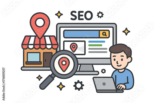 Local SEO marketing concept. Man at laptop optimizing business location for search engine. Digital strategy with map pin, store, computer and magnifying glass. Vector cartoon.