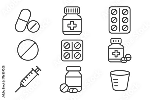 Medical and pharmacy line icon set. Pills, medication, and drugs. Vector icons for healthcare. Includes tablet, capsule, syringe, bottle, and blister pack. Editable stroke.
