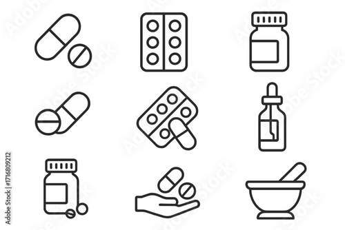 Pills and medication line icon set. Pharmacy and healthcare concept. Vector drug, tablet, capsule, bottle, and blister pack symbols. Editable stroke for web and mobile apps.
