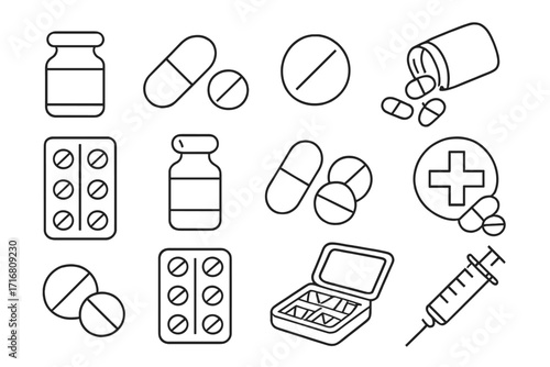 Medical icon set of pills and medication. Thin line art symbols for pharmacy and healthcare. Vector icons of drugs, capsules, syringe, and treatment for web and apps.