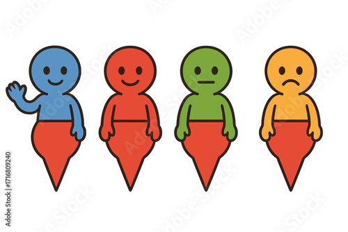 Man-shaped map pins with emotions. Customer feedback or satisfaction rating scale. People shaped location markers. Happy, neutral, sad character icons for evaluation status.