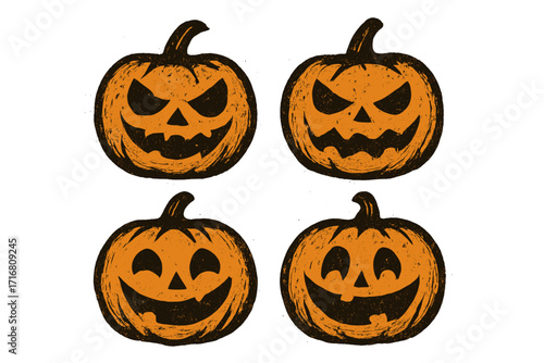 Halloween pumpkin icon set. Jack o lantern face silhouette. Vector cartoon illustration. Evil scary and happy smiling emotion. Spooky autumn holiday. Grunge retro stamp design.