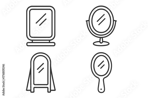 Mirror simple isolated line icons collection. Editable stroke vector illustration set for web, apps. Hand mirror, vanity, floor mirror, reflection, beauty, makeup concept.