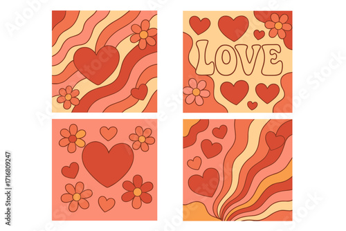 Set of groovy retro Valentine's day cards. Hippie 70s style backgrounds with love, hearts, and flowers. Vintage aesthetic posters for social media. Vector illustration.