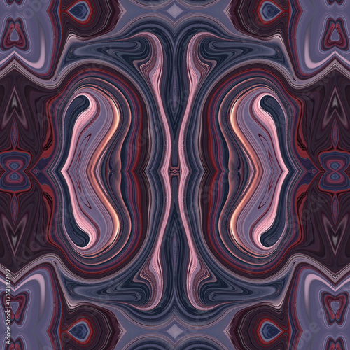 Symmetrical abstract pattern with layered pink, red, and purple waves forming a modern kaleidoscope-style design. Ideal for art, texture, or backgrounds.