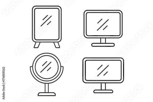 Mirror, screen, monitor line icon set. Simple isolated vector symbols. Full length, vanity, makeup mirror icons. Computer display, TV screen symbol. Editable stroke for web.