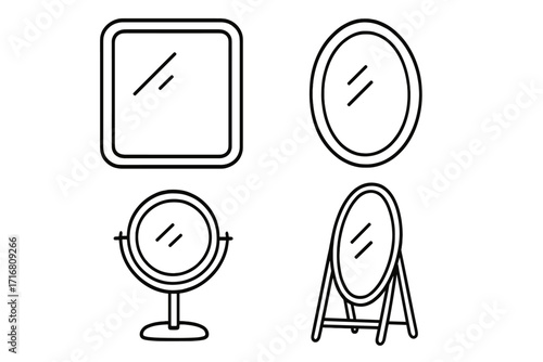 Mirror simple line icon set. Different types of mirrors isolated vector collection. Editable stroke. For beauty, vanity, furniture, and interior decor. Wall, floor, makeup mirror.
