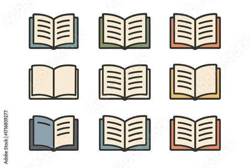 Open book icon collection. Colorful linear pictograms for education, library, and reading. Vector symbol bundle for web, apps, graphic design. Knowledge, learning cartoon icons.