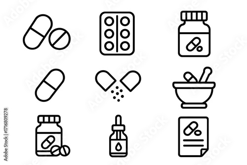 Pills and medication simple line icons set. Pharmacy, medicine, and healthcare concept. Vector collection of drug, capsule, tablet, bottle, prescription symbols. Editable stroke.
