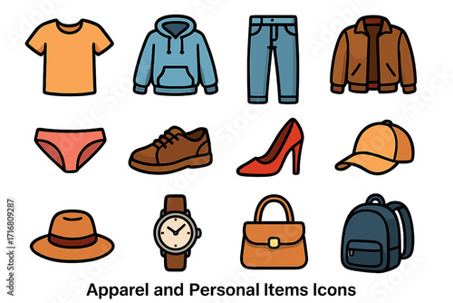 Vector icon set of apparel and fashion accessories. Collection includes t-shirt, hoodie, jeans, jacket, shoes, watch, handbag, and backpack. Flat cartoon style graphic elements.