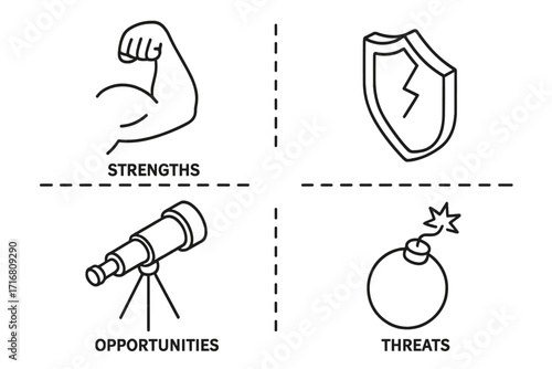 SWOT analysis line icon set for business strategy and marketing plan. Strengths, weaknesses, opportunities, threats matrix diagram. Vector illustration for corporate planning.