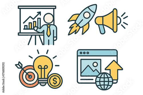 Marketing color line icon set. Business strategy, startup launch, and promotion concepts. Vector illustration of data analytics, financial goals, and digital advertising.