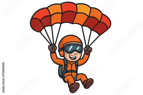 Happy cartoon skydiver character flying with parachute. Vector for extreme sports concept. Adrenaline, freedom, adventure, and hobby. Mascot design isolated on white.