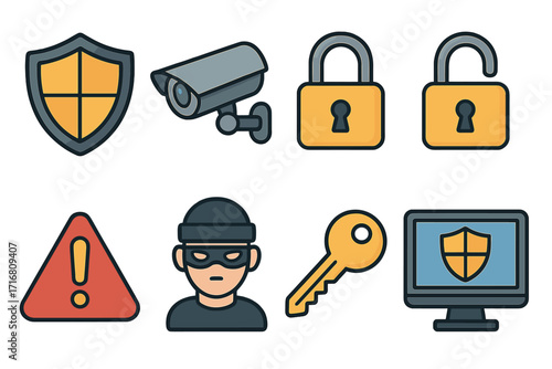 Cybersecurity and crime icon set. Vector concepts of hacking, data protection, privacy, and theft. Includes thief, cctv, shield, lock, key, and computer security symbols.