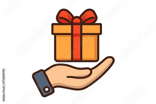 Hand giving a gift box icon. Vector concept of charity, donation, surprise, birthday present, or receiving a bonus. Cartoon illustration for celebration, loyalty program, or app.