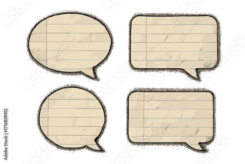 Set of speech bubbles on crumpled lined notebook paper. Vintage dialogue shapes with gritty texture and cut-out effect. Retro communication, message, chat, or quote bubbles.